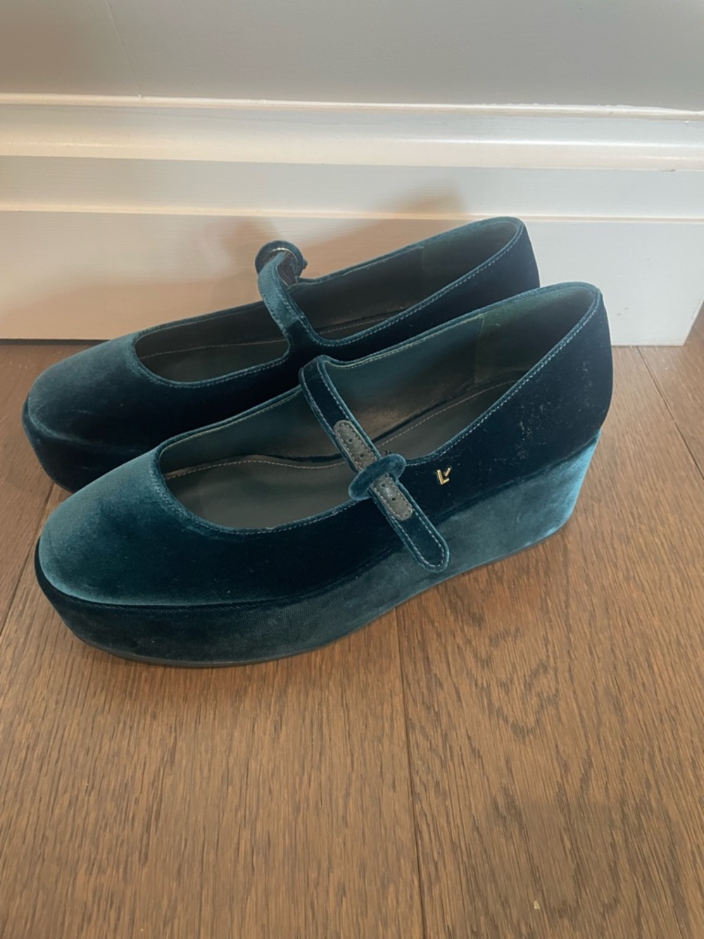 Larroude Blair Teal Velvet Mary Jane Flatform with Strap - Picture 4 of 5